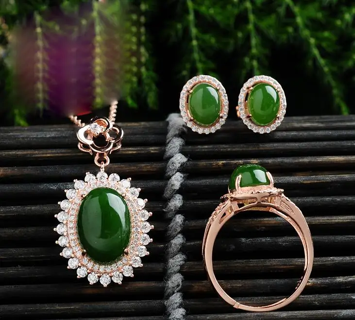 

Beautiful 925 Silver Natural Green HeTian Jade Round Beads Inlay Lucky Pendant Neckl;ace Earring Ring Woman's Fine Jewelry Set