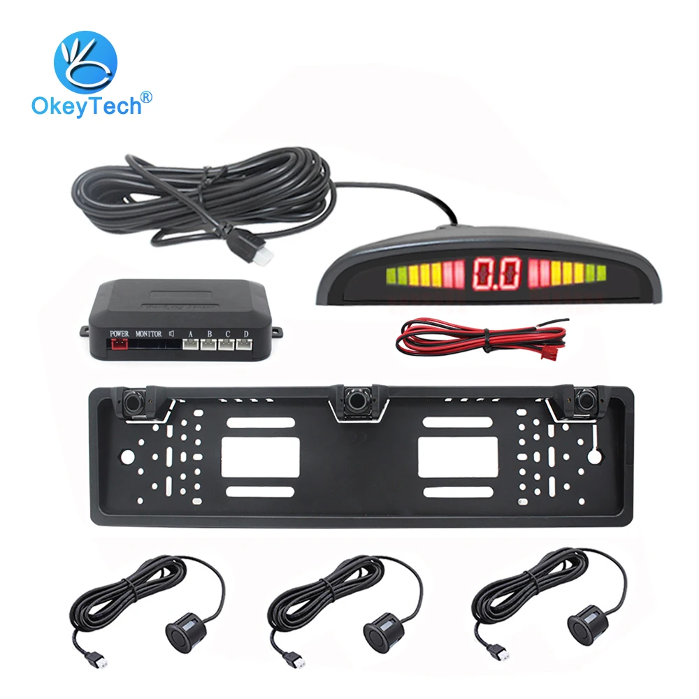 

OkeyTech Car Parktronic LED Parking Sensor Kit & 19mm Sensors European License Plate Frame Reverse Backup Radar Monitor Detector