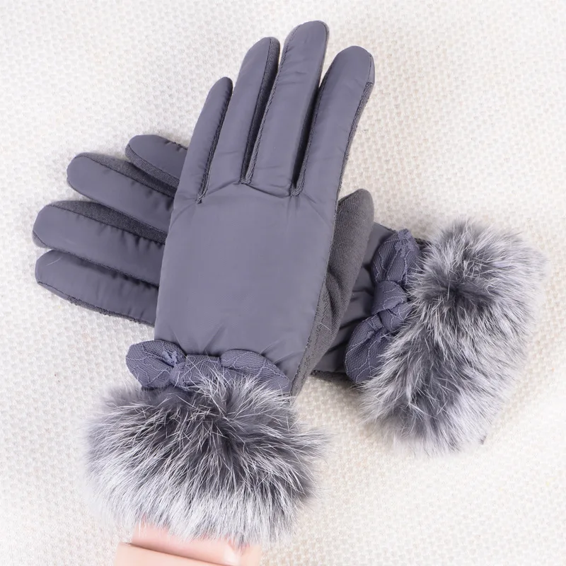 

Female Winter Outdoor Sports Warm Windproof Touch Screen PU Leather Gloves Fashion Women Bow Plush Ladies Cashmere Mittens A37