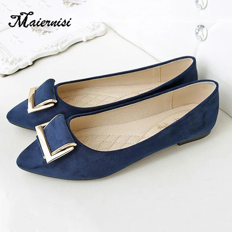 

MAIERNISI Plus Size 43 Suede Women Flat Ballet Shoes Metal Button Pointed Toe Flats Shoes Elegant Lady Shoes Wedding Shoes Big