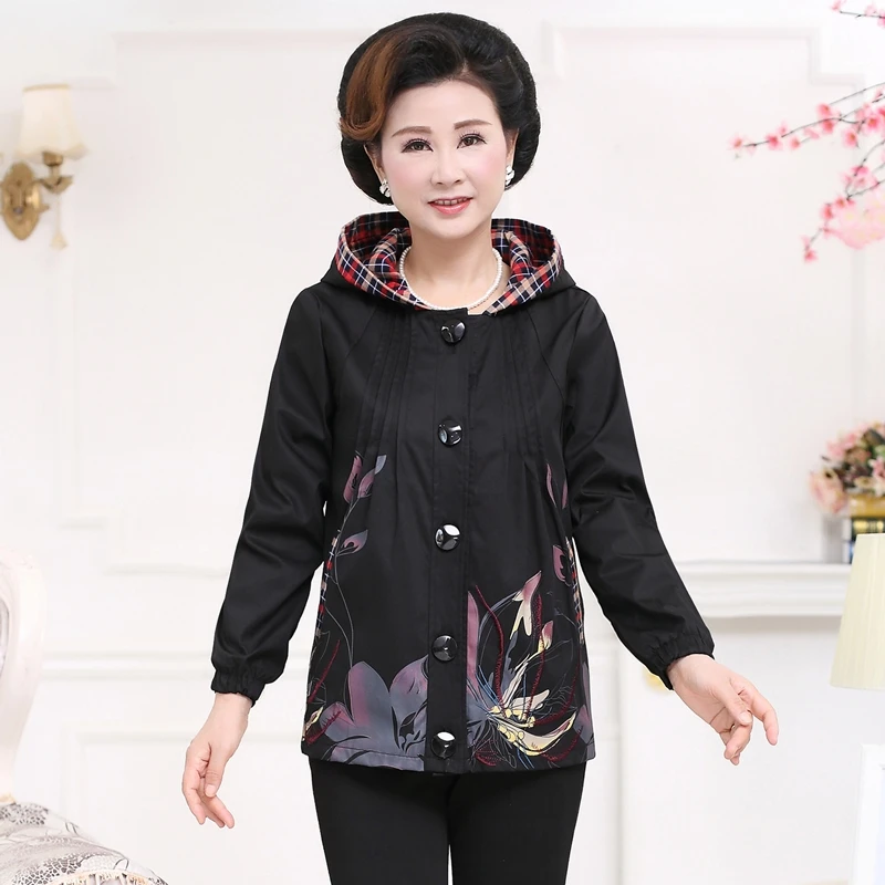 low cost  Elegant middle-aged women's spring and autumn new loose large size printed long-sleeved printed hoo