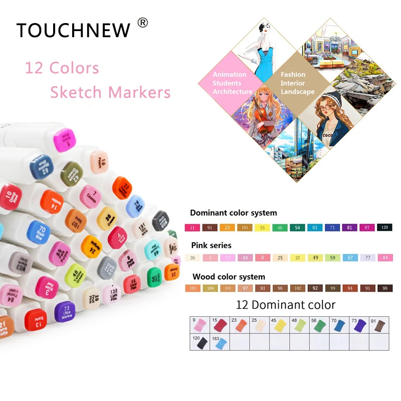 

TOUCHNEW 12 Color Copic Alcohol Based Art Markers Sketch Marker Set Dual Brush Pens Drawing Manga Art Supplier Markers