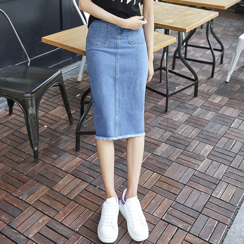 

Vetevidi Spring Summer High Waist Jeans Skirt Saia Jeans Pockets Longue Jupe Taille Haute Skirt Faldas Mujer 6601#