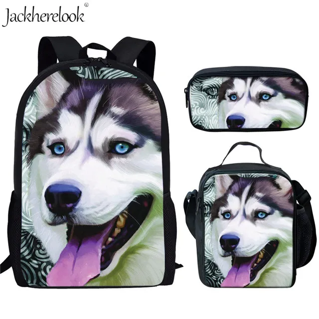 Jackherelook Siberian Husky School Bags Set For Boys Girks Kids 3D Dog Printing Backpack Children Animal Book Bag Satchel 3PCS - Цвет: HX653CGK