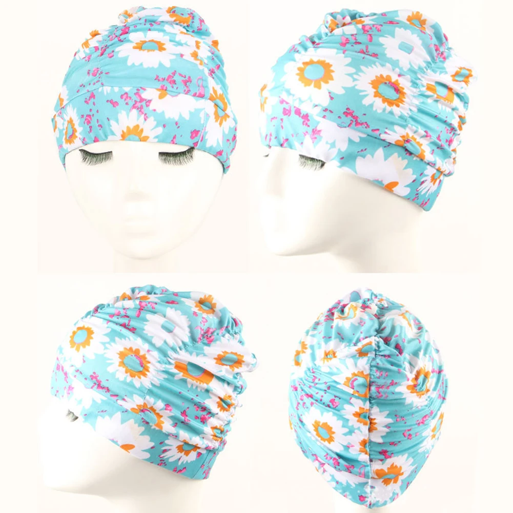 Женская эластичная шляпа стрейч для взрослых, модная нейлоновая шапочка для плавания с цветочным принтом, длинные волосы, для пляжа, бассейна, для купания, плиссированная - Цвет: Sunflower