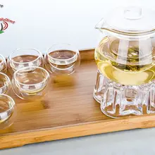 1х 9 в 1 кунг-фу Кофе Чай Set-485ml жаростойкий стеклянный цветочный чайник+ хрустальный чайник грелка+ 6 двойных стенок чашки+ бамбуковый поднос