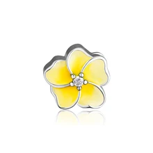 Подходит для браслетов Pandora талисманы бусины Орхидея с сияющей желтой эмалью и CZ 925 пробы-серебро-ювелирные изделия
