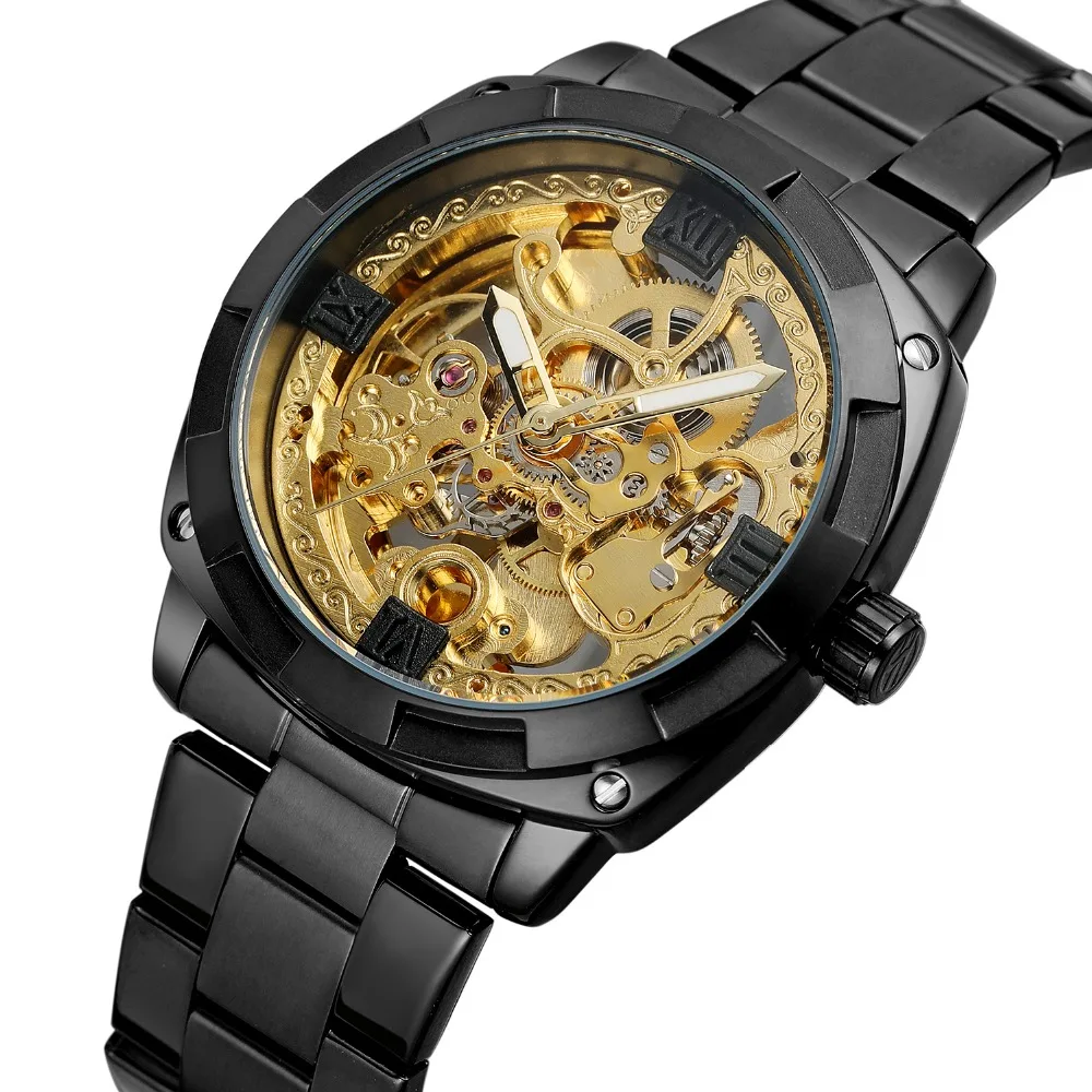 

Retro Design Golden Skeleton Black Forsining Stainless Steel Transparent Watch Men Automatic Mechanical Watches Top Brand Luxury