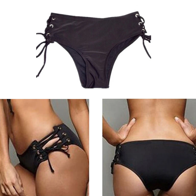 

Women Vintage Bikini Panties Mid Waist Swimwear Bottom Hollow Out