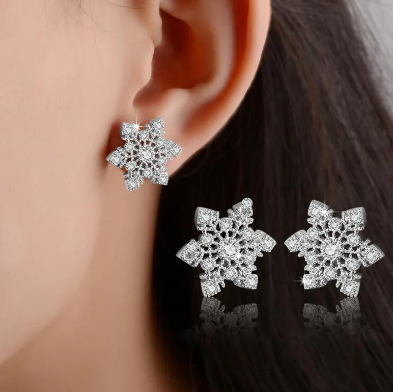 

Fashion Women 925 Silver Clear Zircon Cute Snowflake Stud Earrings For Baby Child Girl Lady Earring Christmas Gift Jewelry ED255