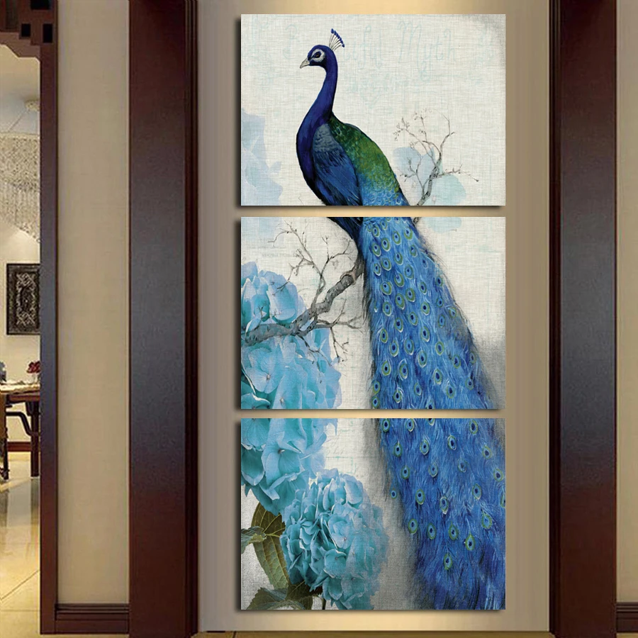3 Panel Peacock Painting Wall Art Picture Home Decoration Living Room