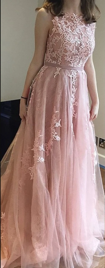 Розовые кружевные Выпускные платья с аппликацией Long спинки Vestidos de gala Тюль вечернее платье без рукавов элегантные официальная Вечеринка платья