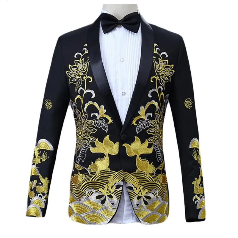 Mens Pattern Blazer Coats Chinese Style Floral Fish Embroidery Blazer ...