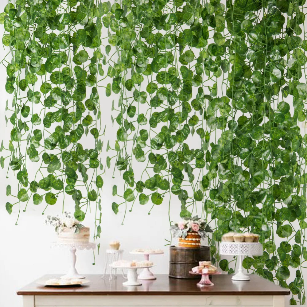 

2M Green Artificial Silk Leaves Vine Rattan Hanging Cane Climbing Plants Wedding Garland Home Graden Decoration