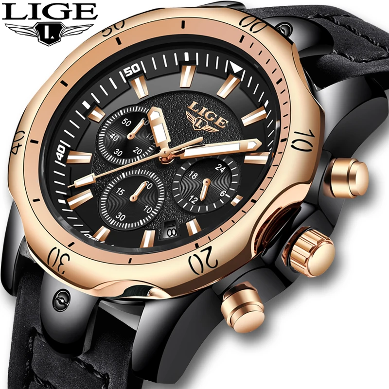 

LIGE New Men Watch Top Brand Luxury Waterproof Quartz Watches Casual Fashion Large Dial Leather Military Sport Relogio Masculino