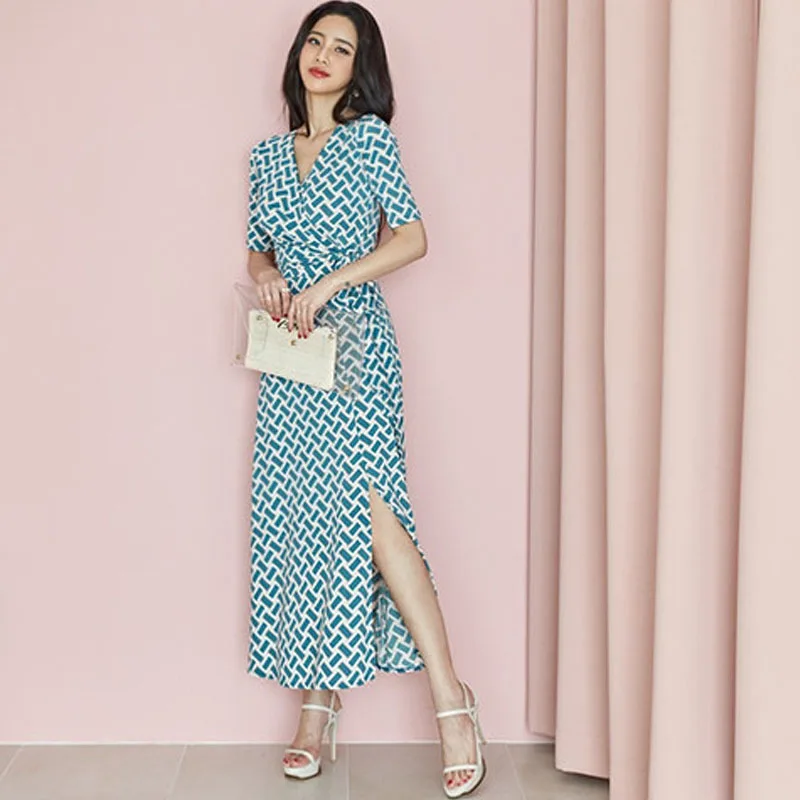 

High Split Corset Green Midi Dress Women with Sashes Ladies Vintage Dresses Big Swing Loose Print Plaid Casual Dress for Women