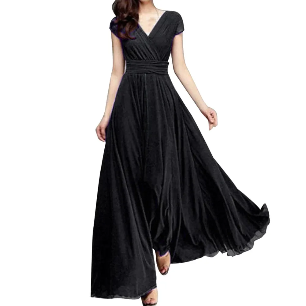 

CHAMSGEND women's dress2018Summer Fashion Women Casual Solid Chiffon V-Neck Evening Party Long Dress June28