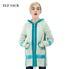ELF SACK fashion brand new arrival 2015 winter women long slim plaid color block a hood wadded jacket pockets free shipping