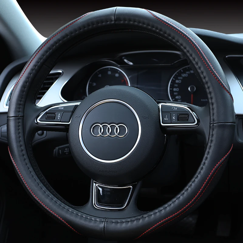 

KKYSYELVA New Leather Car Steering Wheel Cover Red 38cm Diameter Universal Size Car inner accessories Auto wheel covers