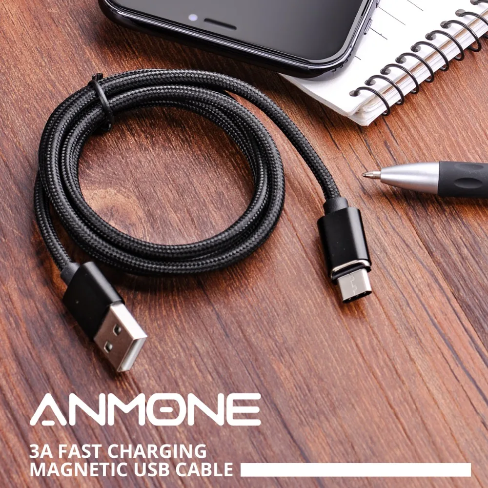 Магнитный кабель ANMONE type-C для быстрой зарядки, кабель USB C, 1 м, 2 м, шнур для передачи данных на базе Android, кабель для быстрой зарядки мобильного телефона, Магнитный провод usb type-C