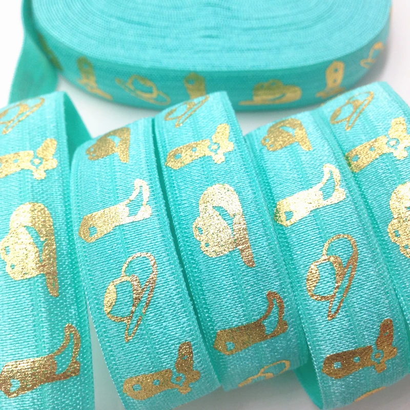 10Yards 5/8" Cowboy Boot Hat Print 5 Colors Fold Over Elastic FOE Ribbon for Hair Tie DIY Headwear Hair Accessory
