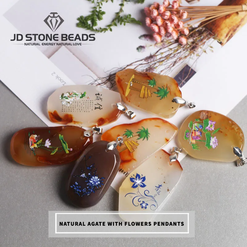 

Free Shipping Natural Agate With Flowers Pendants Wholesale Unique Jewelry Design Accessories Charms