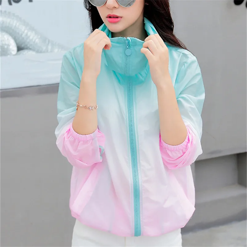 discount  2019 new Summer fashion rainbow color Sun UV Protection women Clothing Female Hooded Jacket Thin Br
