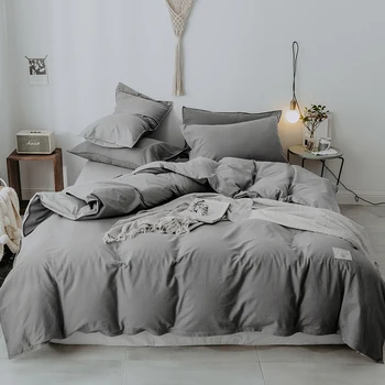 

3/4 pieces washed cotton bed sets solid double color duvet cover set mid and light grey matched bedding single queen king size
