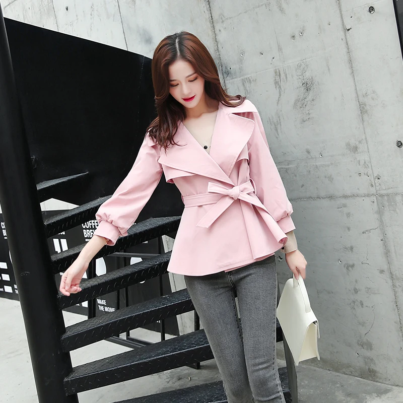 

Fashion windbreaker female short paragraph spring and autumn new belt casual suit lapel temperament commuter slim spring coat