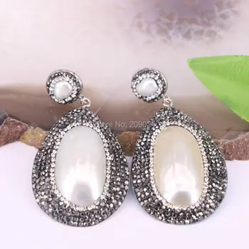 

6Pairs Natural white shell earrings, pave rhinestone pearl dangle earrings jewelry for women