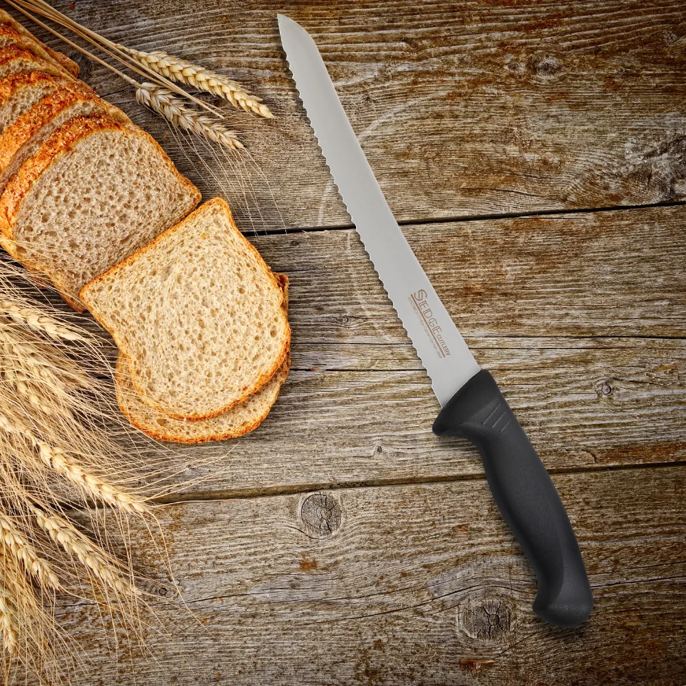 Нож для хлеба-Серия SP-немецкий Высокоуглеродистый кухонный нож из нержавеющей стали-эргономичная черная ручка-10''