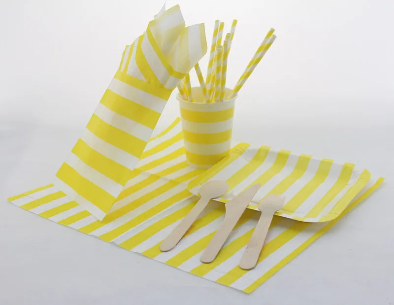 Free Shipping Yellow Paper Plate Cup Napkin Straw Treat Bag Wooden