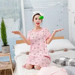 Корейский стиль милый мультфильм печатных ночная рубашка женская летняя с короткими рукавами свободные удобные молочного шелка домашний
