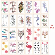 30 шт. тату-наклейки для женщин водные переводные наклейки для тела Фламинго кошка Единорог собака роза татуировки наклейки для детей поддельные татуировки