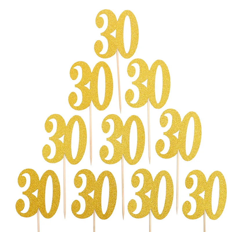 Золотые топперы для кексов на день рождения 30, 40, 50, 10 шт., украшения для дня рождения для детей и взрослых 20, 60, 70, 80, 90, товары для празднования юбилея