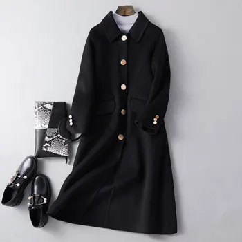 

Autumn 2019 New High Grade Double-Sided 100% Wool Coat Womne Long Wool Jacket Fashion Red Loose lattice Woolen Coat Outerwear