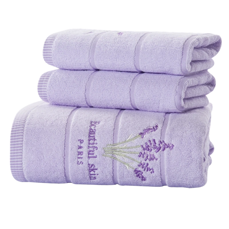 3 Piece Embroidery Lavender Cotton Towel Set Face Towels Bath Towel For