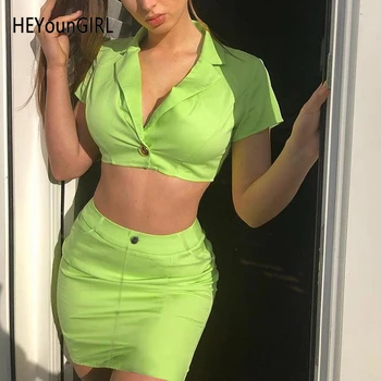 

HEYounGIRL Short Sleeve Neon Green Blazer Women Deep V Neck Sexy Crop Ladies Jackets and Blazers Cotton Streetwear Summer 2019