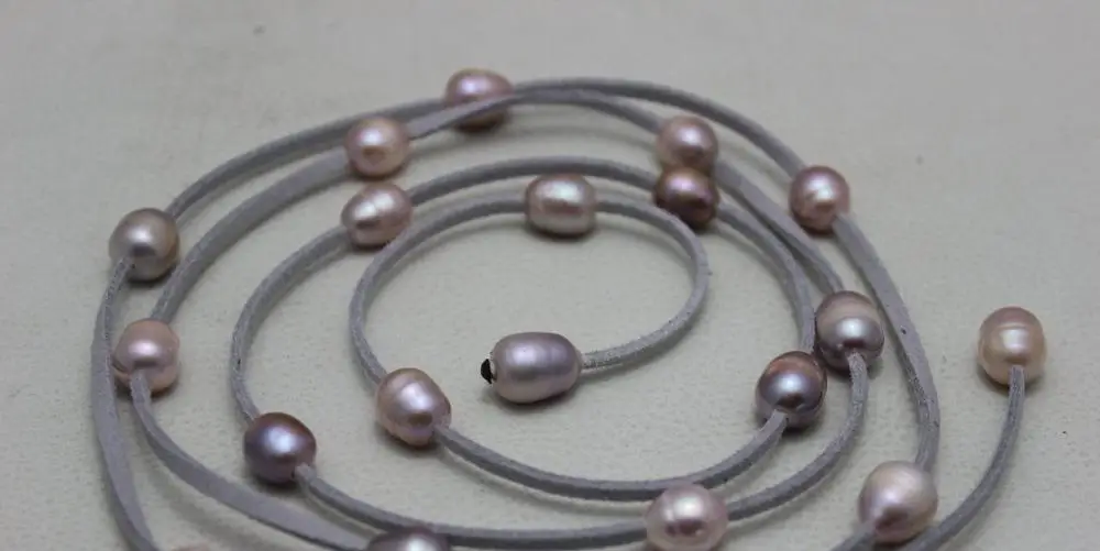 

Gray Leather Natural colors purple freshwater pearl necklace10x12mm 48" no metal a(5.18)
