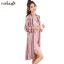 Fdfklak весна осень сексуальный шелковый халат женский халаты из двух частей комплект полосатая домашняя одежда для женщин халат