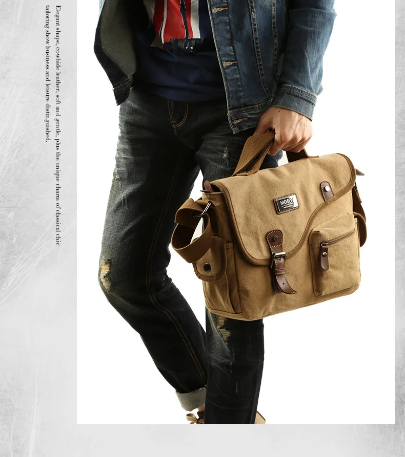 a guy holding a beige shoulder bag