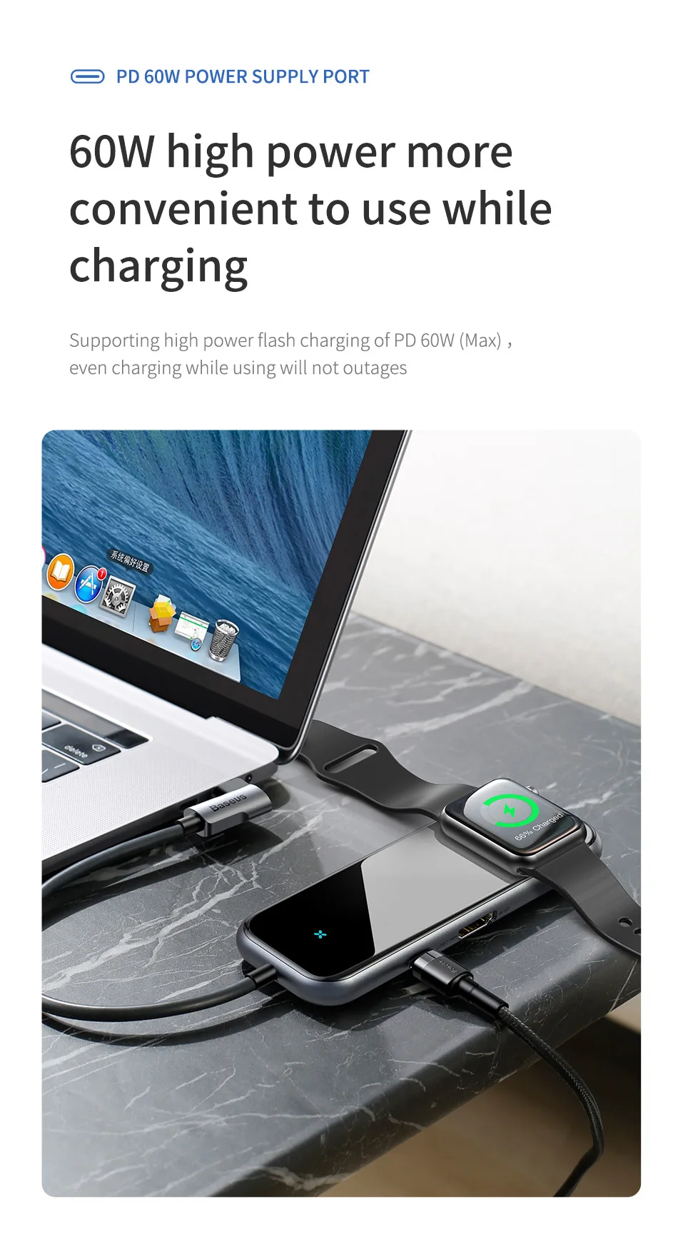 Baseus USB C концентратор к USB 3,0 HDMI RJ45 адаптер для MacBook Pro Air мульти Тип C концентратор с беспроводной зарядкой для iWatch USB-C концентратор