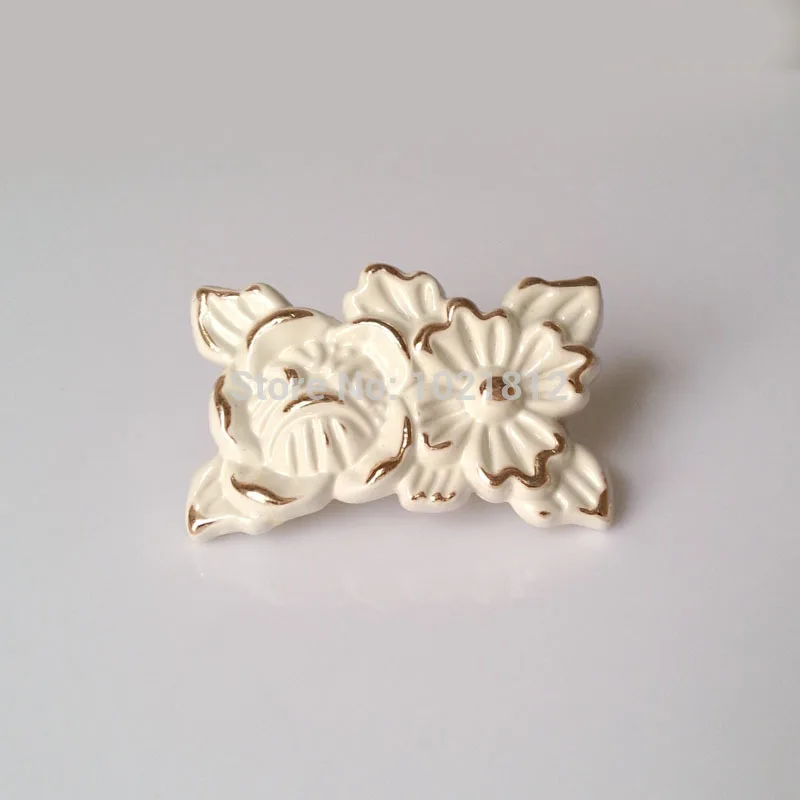 Rose Flower Painted Ivory Cabinet Knob Cupboard Dresser Furniture
