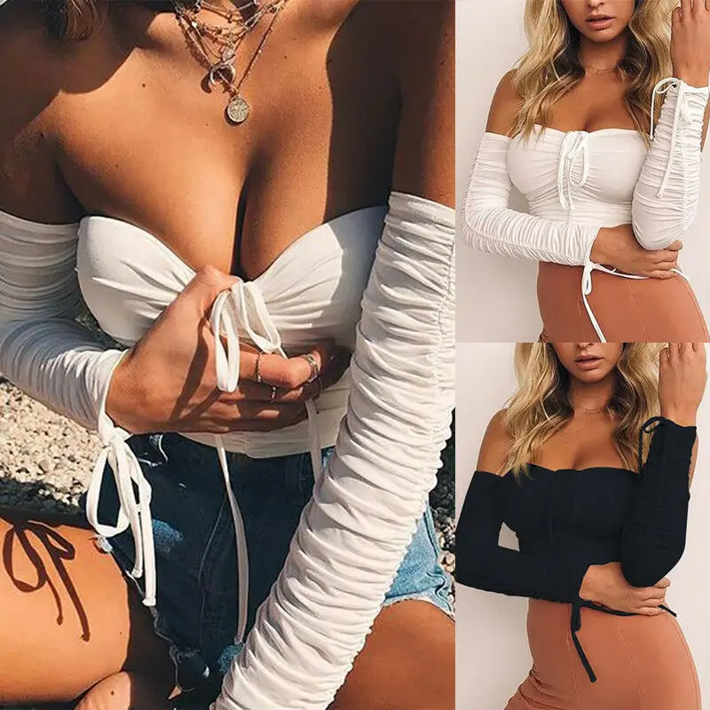 

Ladies Sexy Swimsuit 1PCS Slim Off the Shoulder Shirt Crop Top Ladies Long Sleeve Blouse Sweatshirt Bikini Top