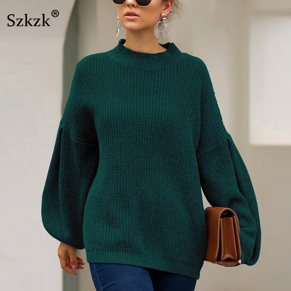

Szkzk knitwear Loose Casual Sweater Jumper Women Clothing Autumn And Winter 2019 Lantern Long Sleeve Knit Top Pullover Sweaters