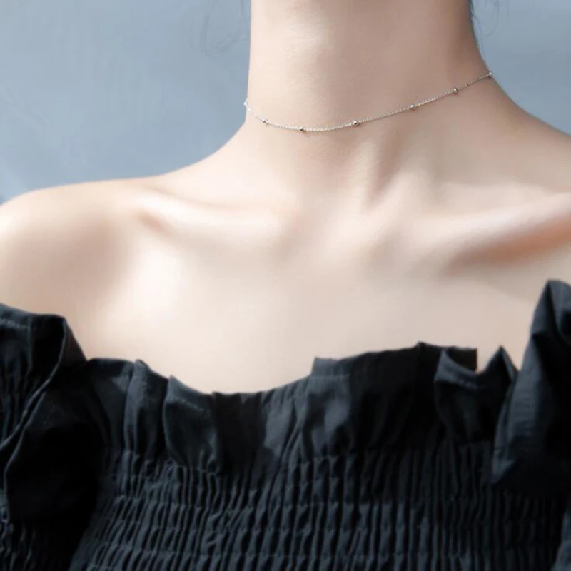 

Slim Thin 925 Sterling Silver Beaded Choker Necklaces Women Girls Silver Jewelry Link Necklace Set Chains+Lobster Clasp