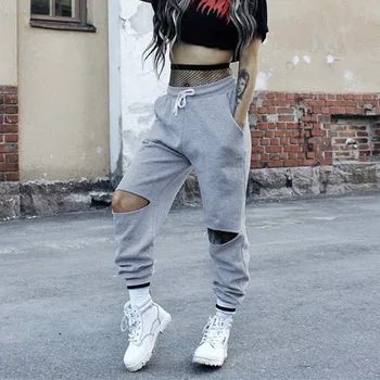 

New Fashion Women Casual Pants Lace Up High Waist Ripped Destroyed Street Wear Trousers Women Casual Autumn Pants