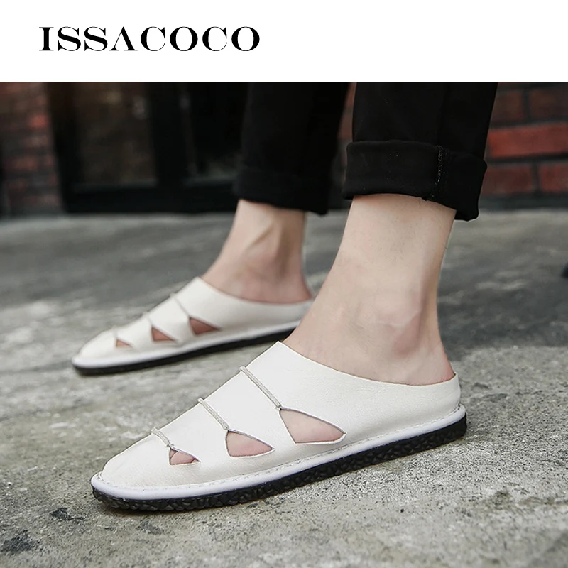 ISSACOCO Summer Men Genuine Leather Slippers Beach Casual Sandals Men Flip Flops Men Shoes Homw Slippers EU Size 39-47 Pantuflas