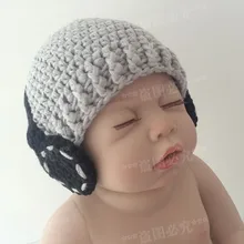 Крючком шапка для маленьких мальчиков, бини с наушниками-серый/черный ручной работы шляпа на резинке реквизит для фотографирования новорожденных хлопок