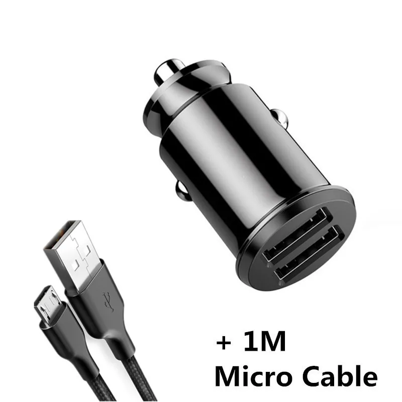 Black Micro Cable Быстрая зарядка 3.1A 2 порта USB Автомобильное зарядное устройство для iPhone samsung Xiaomi Mini Dual USB быстрая зарядка для автомобиля зарядное устройство для мобильного телефона адаптер - Тип штекера: Black Micro Cable